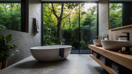 Fototapeta premium Calming bathroom retreat emphasizing glass walls and organic elements