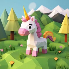 Fototapeta premium Colorful Geometric Unicorn in a Low-Poly Nature Scene