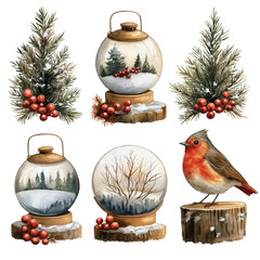 A set of six watercolor paintings of Christmas trees and birds