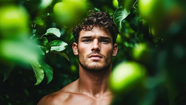 Handsome Shirtless Man Standing in Apple Orchard