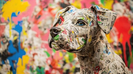 Obraz premium Expressive close-up of a newspaper dog sculpture, dramatic lighting, vivid colorful background, hyper-detailed textures, artistic impact