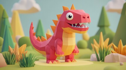 Colorful Cartoon Dinosaur in a Playful Low-Poly Landscape Scene
