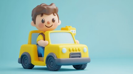 Fototapeta premium Cartoon Child Playing with Yellow Toy Car on Blue Background