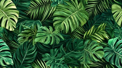 Seamless Lush Green Tropical Monstera Jungle Foliage with Abundant Tropical Leaves Pattern