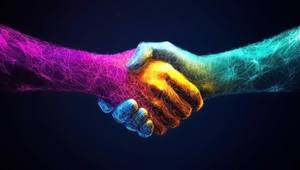 Futuristic Digital Handshake with Glowing Neural Network