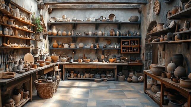 An artisan workshop with handmade pottery and tools, earthy tones, inviting atmosphere