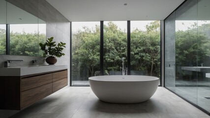 Fototapeta premium Serene bathing space blending minimalist décor and a lush outdoor scene