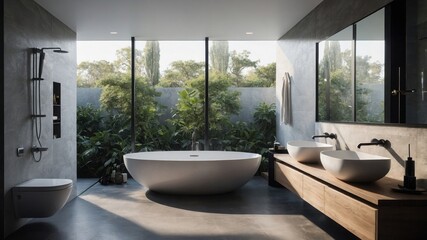 Fototapeta premium Spacious garden bathroom featuring a modern tub and warm wood accents