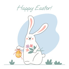 Happy Easter card with a funny cartoon bunny. Nice rabbit with a bouquet of flowers and festive egg congratulates on the spring holiday.