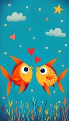 Fototapeta premium Cute Fish Couple in Love Romantic Valentine Art Print
