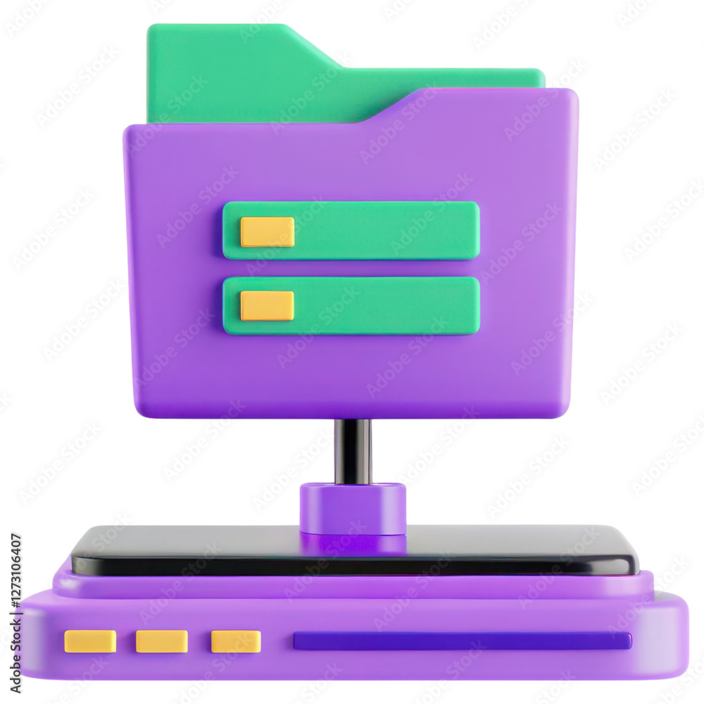 Poster technology resources and organization database concept. 3d illustration of a purple folder on a stor