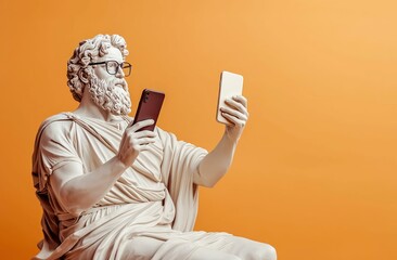 Classical Greek Statue Holding Two Smartphones on Orange Background