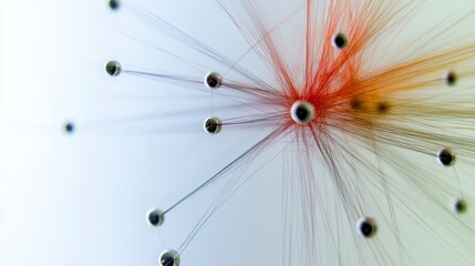 Abstract Network of Radiating Lines and Spheres in White, Gray, and Orange Red