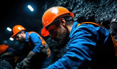 Coal Miners in Protective Gear Working Underground