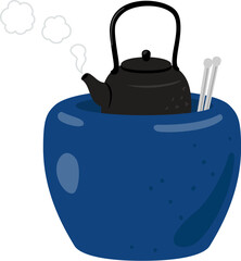 火鉢の中で湯気を上げる鉄瓶