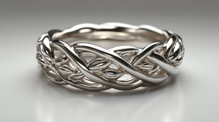 Naklejka premium Silver Celtic knot wedding ring, studio shot, gray background, jewelry design