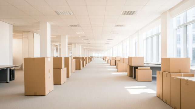 Empty office interior with numerous cardboard boxes lined up for moving or relocation process