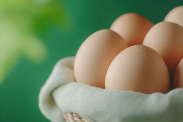 Fresh brown eggs in a woven basket on a rustic green background for a natural organic concept