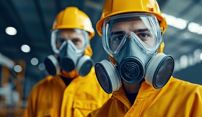 Industrial Workers Wearing Protective Gas Masks in Factory