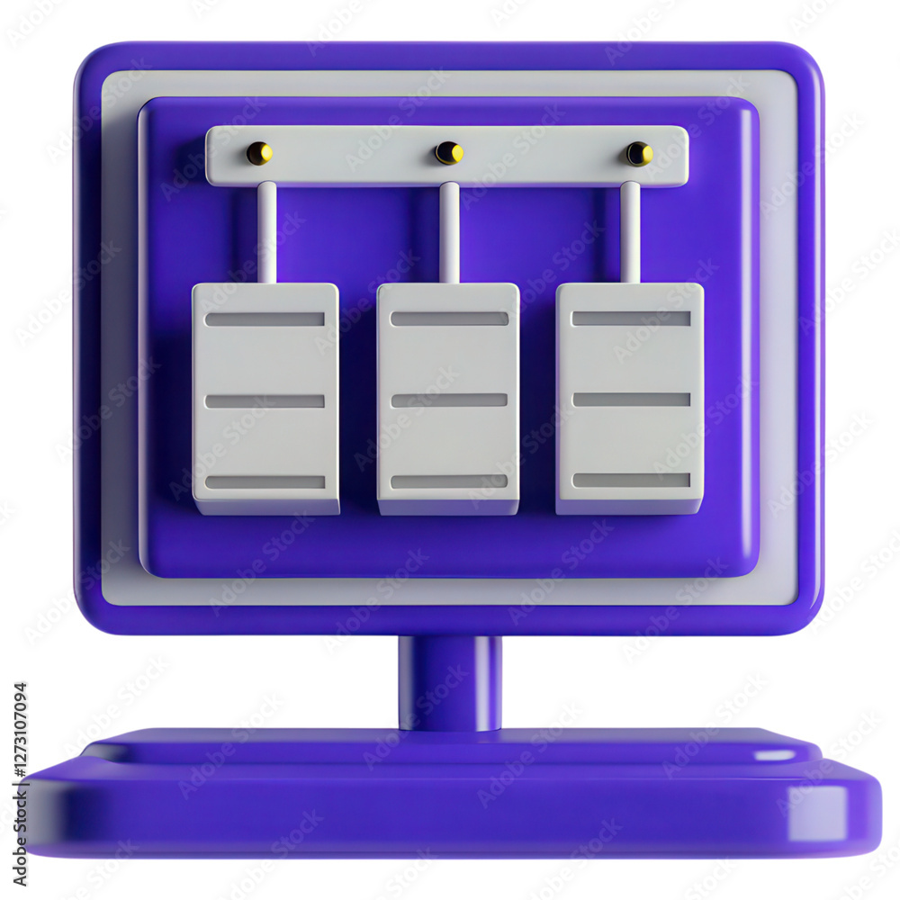 Poster technology resources and organization database concept. 3d purple electronic device with three white