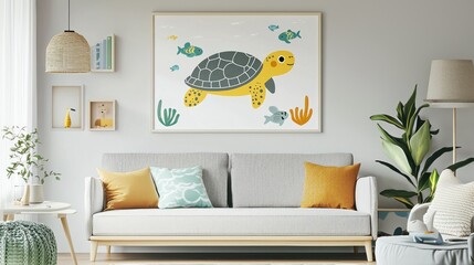 Charming Sea Turtle Artwork in a Cozy Living Room