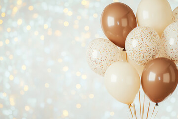 Elegant cluster of golden and cream balloons against sparkling light bokeh backdrop festive celebration concept