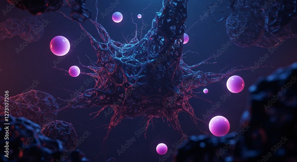 Poster abstract neural network with glowing spheres in a futuristic dark background
