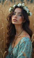Fototapeta premium A serene portrait of a young woman in a floral crown, set against a golden field. Perfect for beauty, fashion, and nature-themed projects.