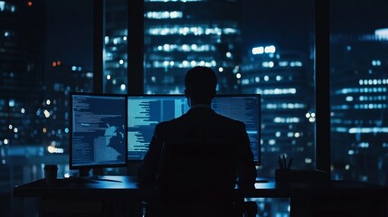 Fototapeta premium Business Analyst Reviewing Data Analytics in Nighttime Office Setting