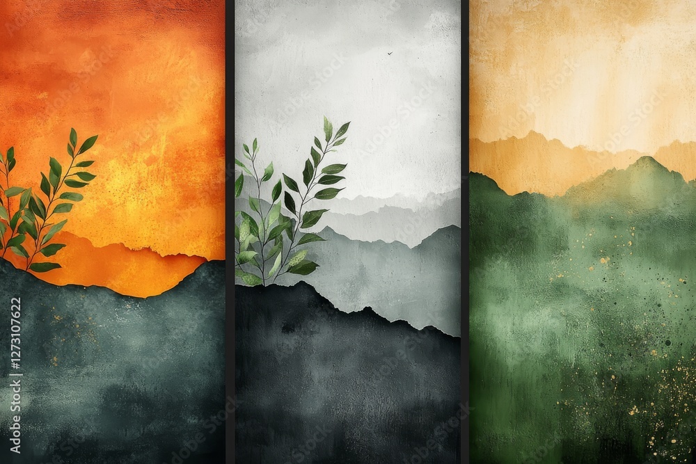 Poster digital artwork depicting a three-panel image with nature motifs and textured color gradients symbol