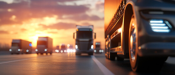 Futuristic self-driving cargo trucks on a smart highway urban landscape digital artwork dawn setting dynamic perspective transport innovation