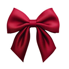 A deep red ribbon bow, perfectly tied with soft and glossy material on the solid white background.