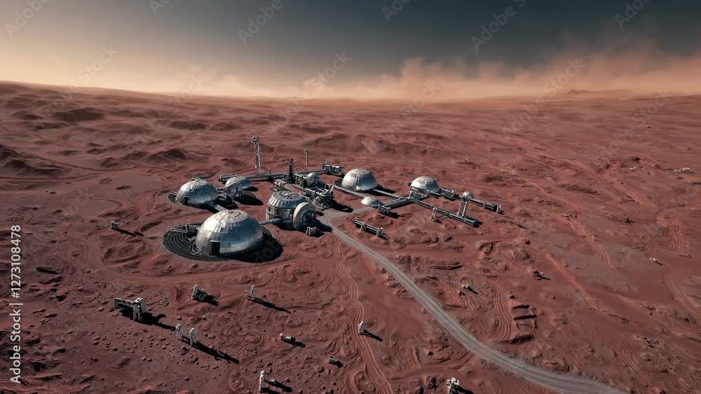 Poster futuristic mars colony from a high-angle view, showcasing domed structures on a red desert landscape