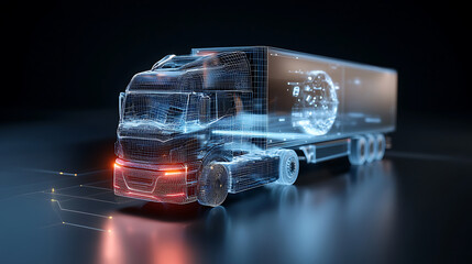 Futuristic truck design with neon blue wireframe advanced technology showcase digital environment 3d viewpoint innovative concept