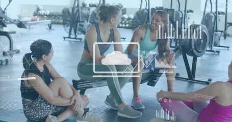 Image of diagrams and data processing over diverse women talking at gym