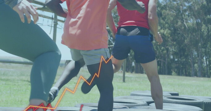 Image of diagrams over diverse people exercising at obstacle course