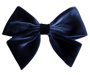 A navy blue ribbon bow with sharp details and a velvety texture on the solid white background.