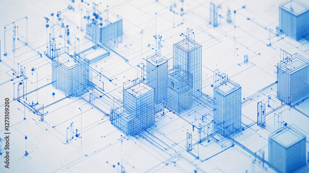Poster abstract digital wireframe representation of a futuristic city with interconnected buildings forming