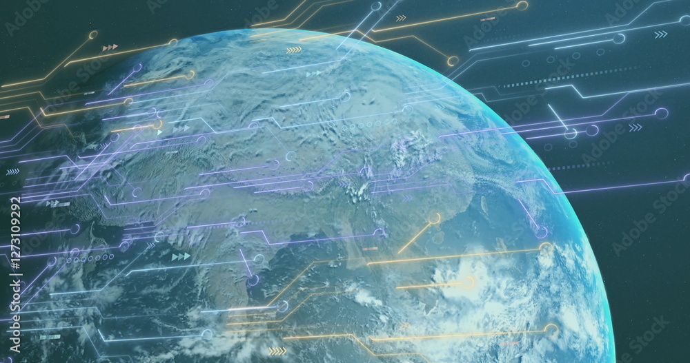 Aufkleber digital circuits and data processing over image of earth from space