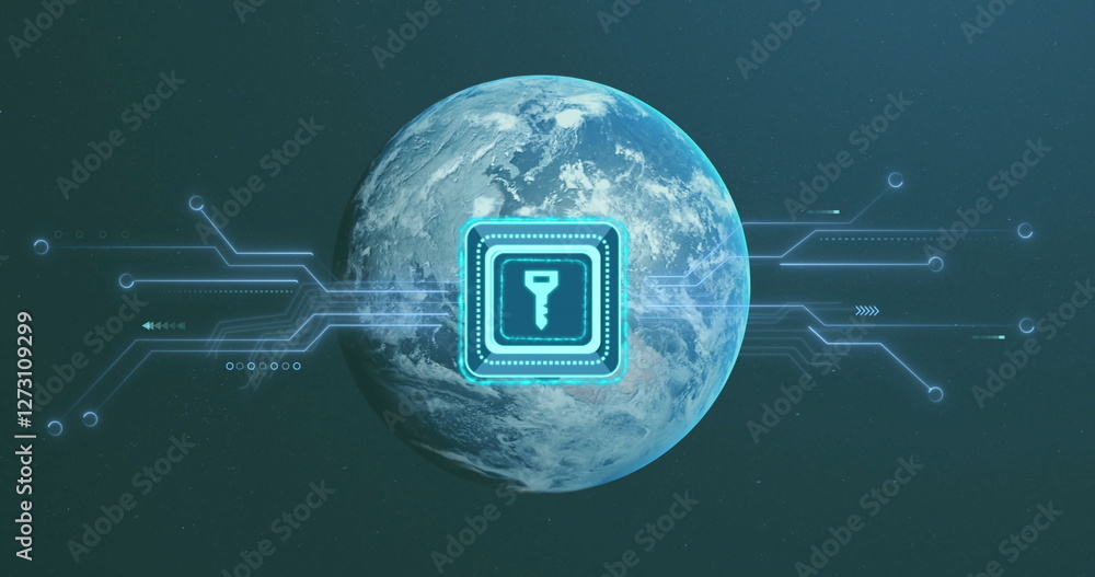 Poster digital key icon image over earth with data connections
