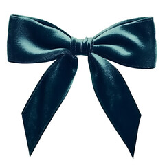 A navy teal ribbon bow with a dark, velvety texture on the solid white background.