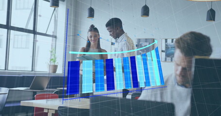 Image of diagram over diverse colleagues discussing work