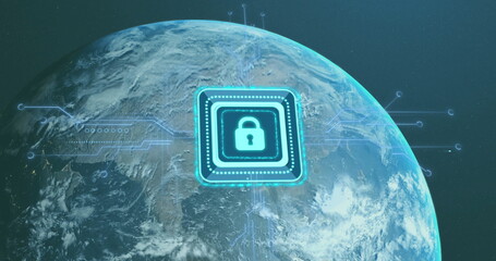 Fototapeta premium Lock icon and circuit lines image over Earth from space