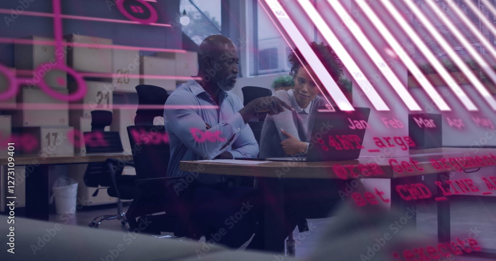 Poster image of financial data processing over diverse colleagues discussing work in office