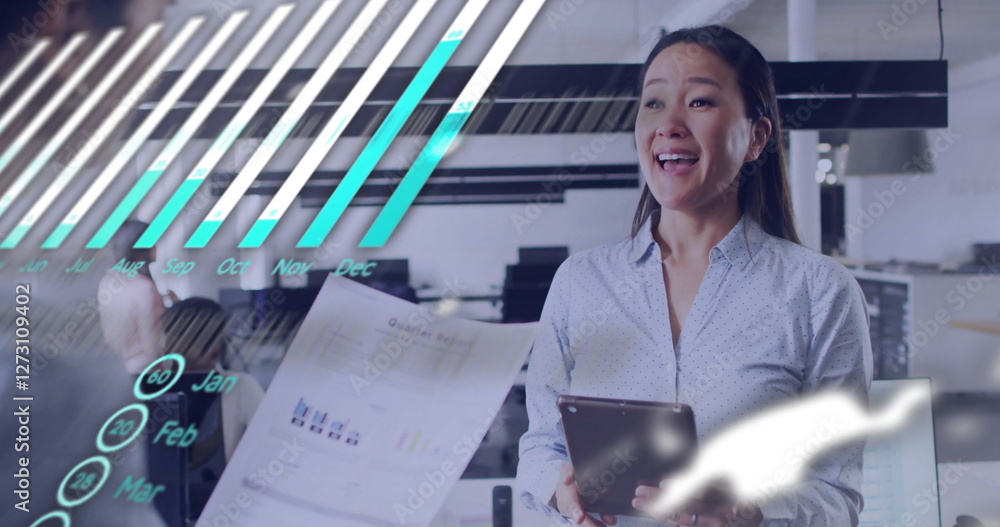Poster image of financial data processing over diverse colleagues discussing work in office
