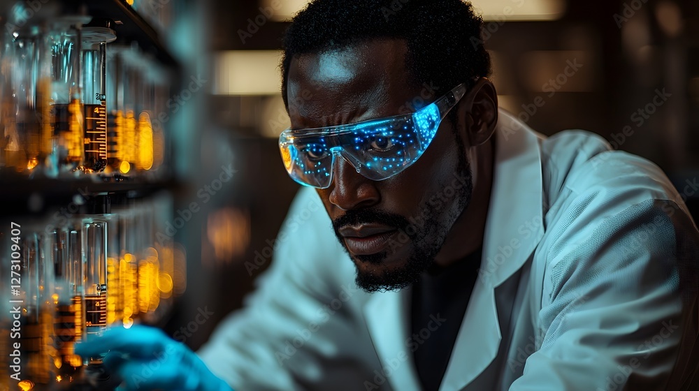 Poster scientist utilizing futuristic simulations to predict experimental outcomes in sleek high tech lab