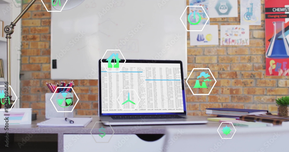 Poster image of ecology icons over laptop with data processing in office