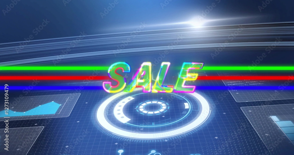 Poster image of sale text over colourful shapes and data processing