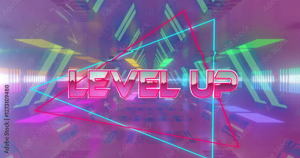 Poster image of level up text over colourful shapes