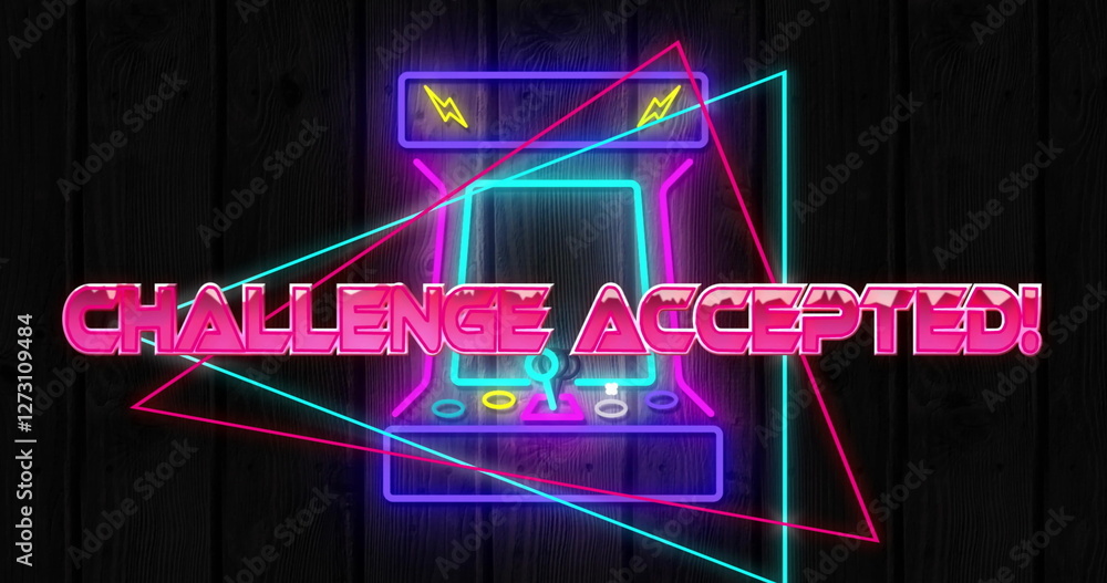 Poster image of challenge accepted text over colourful neon arcade